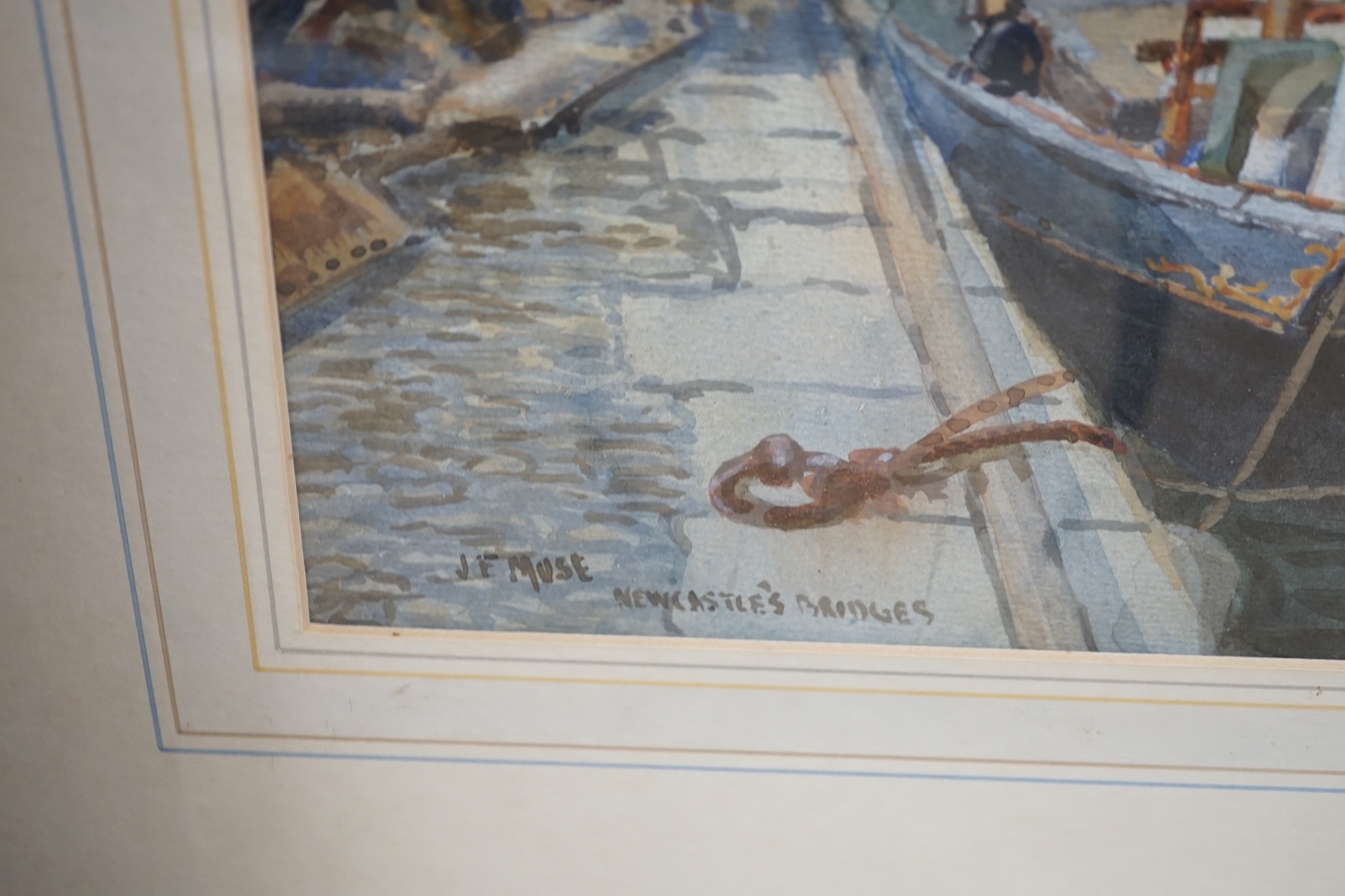 J.F. Muse, watercolour, 'Newcastle Bridges', signed and inscribed, 33 x 75cm. Condition - fair to good